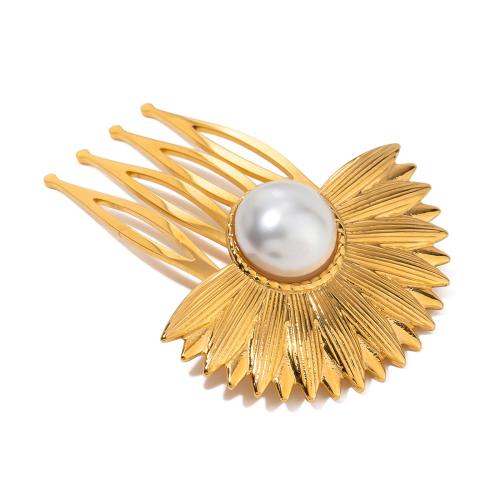 Decorative Hair Combs, 304 Stainless Steel, with Plastic Pearl, Flower, fashion jewelry & for woman, gold, Sold By PC