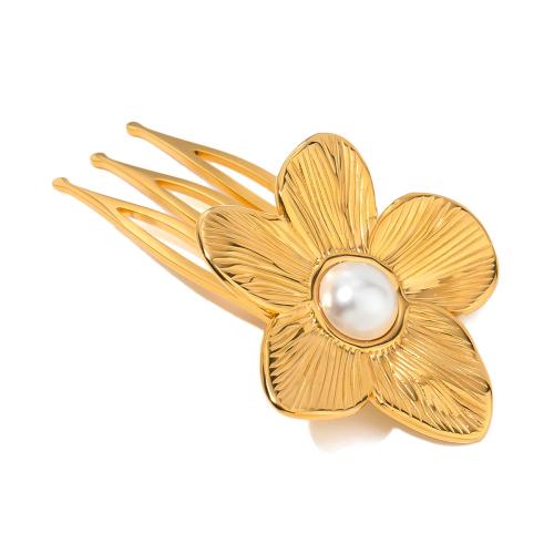 Decorative Hair Combs, 304 Stainless Steel, with Plastic Pearl, Flower, fashion jewelry & for woman, gold, Sold By PC