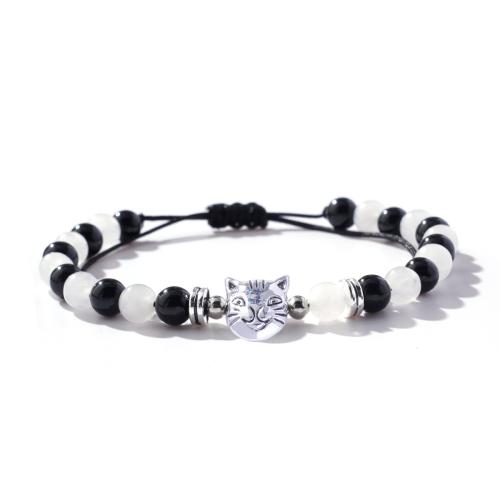 Zinc Alloy Bracelet with Korean Waxed Cord & Glass Beads & Copper Coated Plastic handmade for woman white and black Sold By PC