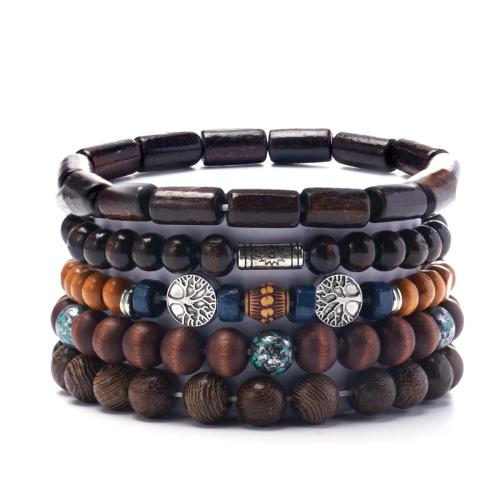 Zinklegering armbandkettingen, Zinc Alloy, met Hout & Copper Coated Plastic & Acryl, 5 stuks & voor de mens, gemengde kleuren, Verkocht door Stel