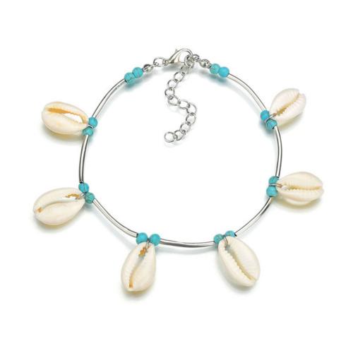 Bracelet de cheville en alliage de zinc, avec spandexfibre élastique & turquoise & coquille & laiton & fer, styles différents pour le choix & pour femme, plus de couleurs à choisir, Longueur:Environ 27 cm, Vendu par PC