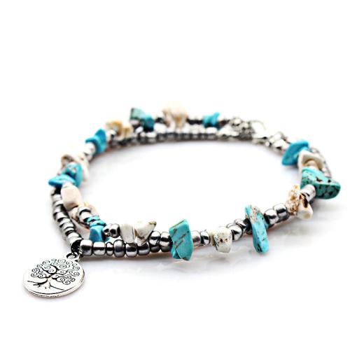 Bracelet de cheville en alliage de zinc, avec Des billes de verre & turquoise, avec 7cm chaînes de rallonge, styles différents pour le choix & pour femme, plus de couleurs à choisir, Longueur Environ 21-22 cm, Vendu par PC