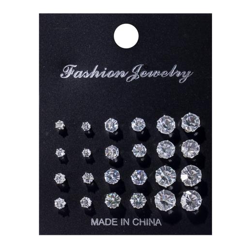 Brass Stud Earring, with 304 Stainless Steel, Different Shape for Choice & micro pave cubic zirconia & for woman, silver color, Sold By Set