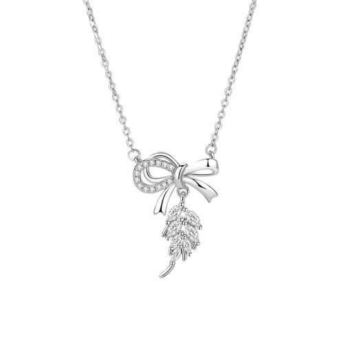 Argent sterling 925 collier, avec 2inch chaînes de rallonge, Noeud papillon, Plaqué de platine, chaîne ovale & pavé de micro zircon & pour femme, Longueur:Environ 15.7 pouce, Vendu par PC