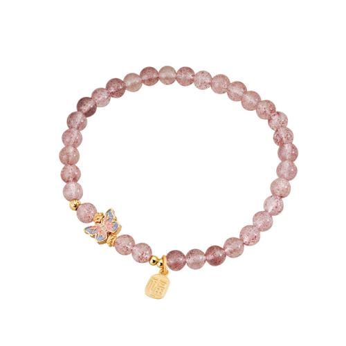 Strawberry Quartz Bracelet, with 925 Sterling Silver, Butterfly, for woman & enamel, more colors for choice, Length:Approx 6.7 Inch, Sold By PC