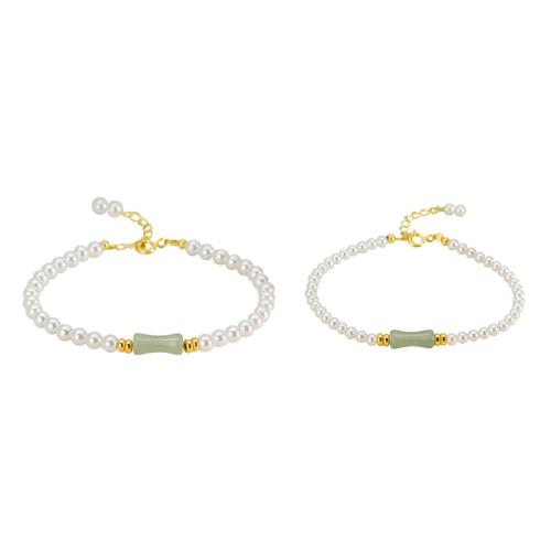 Glass Pearl Bracelet with Aventurine & 925 Sterling Silver with 1.2inch extender chain Bamboo gold color plated & for woman Length Approx 6.3 Inch Sold By PC