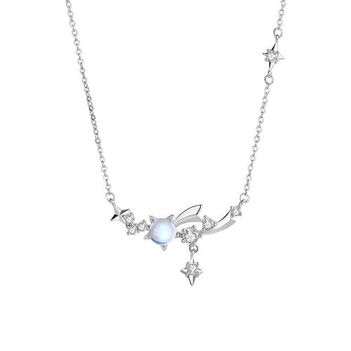 Argent sterling 925 collier, avec verre, avec 2inch chaînes de rallonge, Plaqué de platine, chaîne ovale & pavé de micro zircon & pour femme, Longueur:Environ 15.7 pouce, Vendu par PC