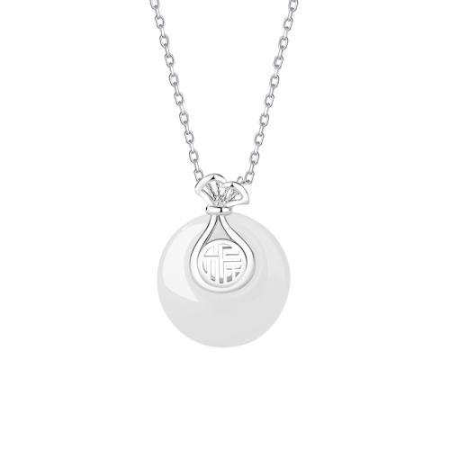 925 Sterling Silver Necklace, with White Chalcedony, with 2inch extender chain, platinum plated, oval chain & for woman, Length:Approx 15.7 Inch, Sold By PC