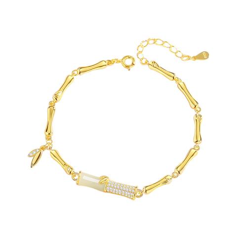 925 Sterling Silver Bracelet with Hetian Jade with 1.4inch extender chain Bamboo gold color plated micro pave cubic zirconia & for woman Length Approx 6.3 Inch Sold By PC