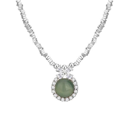 925 Sterling Silver Necklace with Jadeite with 2inch extender chain micro pave cubic zirconia & for woman silver color Length Approx 15 Inch Sold By PC