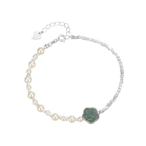 925 Sterling Silver Bracelet, with Jadeite & Glass Pearl, with 1.2inch extender chain, Flower, micro pave cubic zirconia & for woman, silver color, Length:Approx 6.3 Inch, Sold By PC