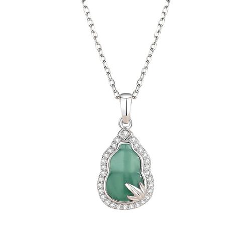 Argent sterling 925 collier, avec jade, avec 2inch chaînes de rallonge, calebasse, Plaqué de platine, chaîne ovale & pavé de micro zircon & pour femme, Longueur:Environ 15.7 pouce, Vendu par PC