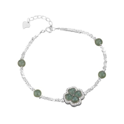 925 Sterling Silver Bracelet, with Jadeite, with 1.2inch extender chain, Four Leaf Clover, micro pave cubic zirconia & for woman, silver color, Length:Approx 6.3 Inch, Sold By PC