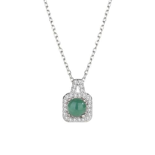 Argent sterling 925 collier, avec jade, avec 2inch chaînes de rallonge, cadre, Plaqué de platine, chaîne ovale & pavé de micro zircon & pour femme, Longueur:Environ 15.7 pouce, Vendu par PC