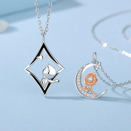 Argent sterling 925 collier de couples, chaîne ovale & styles différents pour le choix & pavé de micro zircon & pour le couple, Vendu par PC