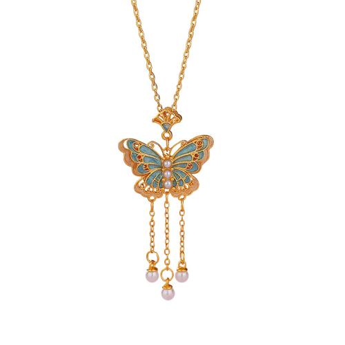 925 Sterling Silver Necklace, with Plastic Pearl, with 2inch extender chain, Butterfly, gold color plated, oval chain & for woman & enamel, Length:Approx 15.7 Inch, Sold By PC