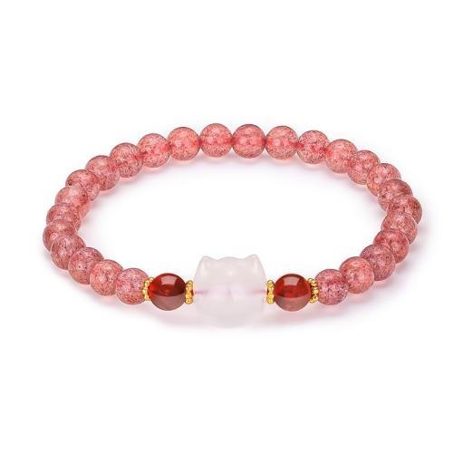 Strawberry Quartz Bracelet, with White Chalcedony & Garnet & 925 Sterling Silver, Cat, handmade, fashion jewelry & for woman, Length:Approx 6.7 Inch, Sold By PC