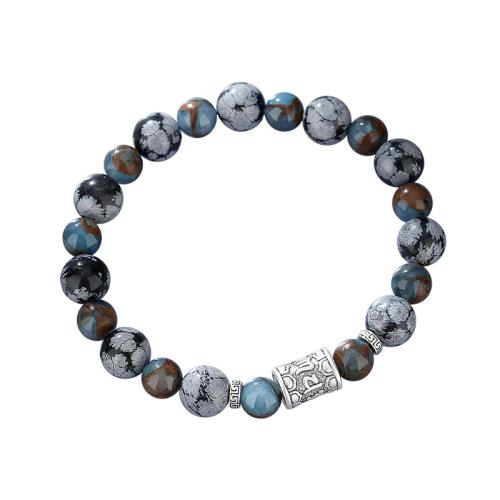 Snowflake Obsidian Bracelet, with Blue Sandstone & 925 Sterling Silver, handmade, vintage & for man, Length:Approx 7.5 Inch, Sold By PC