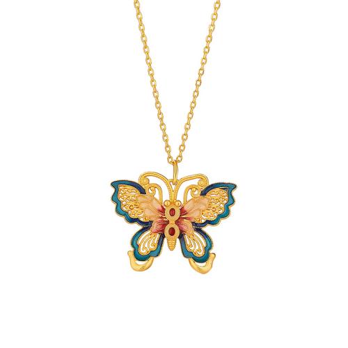 925 Sterling Silver Necklace, with 2inch extender chain, Butterfly, gold color plated, oval chain & for woman & enamel, Length:Approx 15.7 Inch, Sold By PC