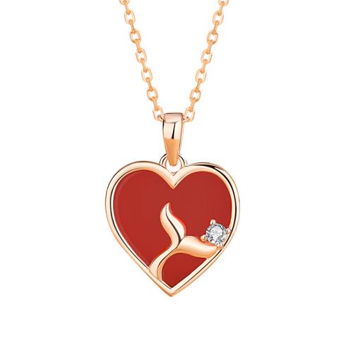 925 Sterling Silver Necklace, with Red Agate, with 2inch extender chain, Heart, rose gold color plated, oval chain & micro pave cubic zirconia & for woman, Length:Approx 15.7 Inch, Sold By PC