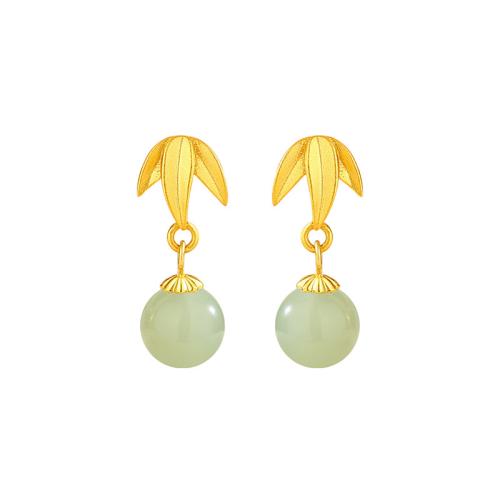 925 Sterling Silver Drop Earring, with Hetian Jade, Leaf, gold color plated, vintage & for woman, 8.30x22mm, Sold By Pair