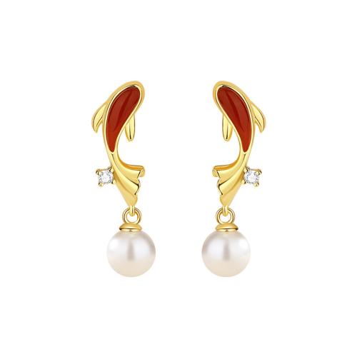 925 Sterling Silver Drop Earring, with Shell Pearl & Red Agate, Fish, gold color plated, micro pave cubic zirconia & for woman, 6.80x26.50mm, Sold By Pair