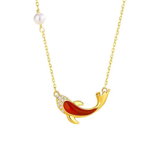 925 Sterling Silver Necklace, with Red Agate & Glass Pearl, with 2inch extender chain, Fish, gold color plated, oval chain & micro pave cubic zirconia & for woman, Length:Approx 15.7 Inch, Sold By PC