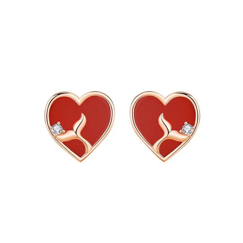 925 Sterling Silver Stud Earring, with Red Agate, Heart, rose gold color plated, micro pave cubic zirconia & for woman, 10.80x10.80mm, Sold By Pair