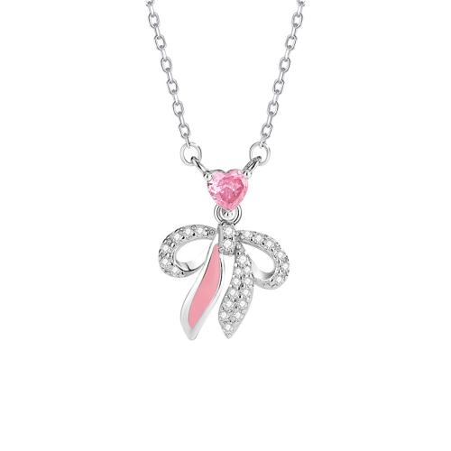 925 Sterling Silver Necklace, with 2inch extender chain, Bowknot, platinum plated, oval chain & micro pave cubic zirconia & for woman, Length:Approx 15.7 Inch, Sold By PC