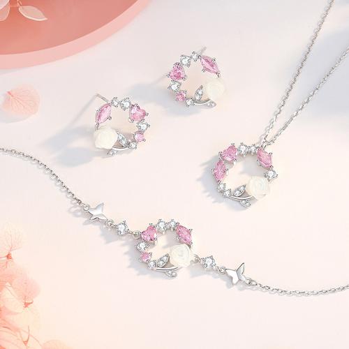 925 Sterling Silver Jewelry Set with White Shell platinum plated & micro pave cubic zirconia & for woman Sold By PC