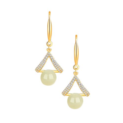 925 Sterling Silver Drop Earring, with Hetian Jade, Geometrical Pattern, gold color plated, micro pave cubic zirconia & for woman & hollow, 13.80x37mm, Sold By Pair