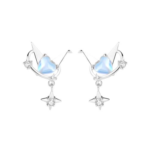 Argent sterling 925 Boucle d'oreille goutte, avec verre, Mille grues en Origami, Plaqué de platine, pavé de micro zircon & pour femme & creux, 11.20x17.50mm, Vendu par paire