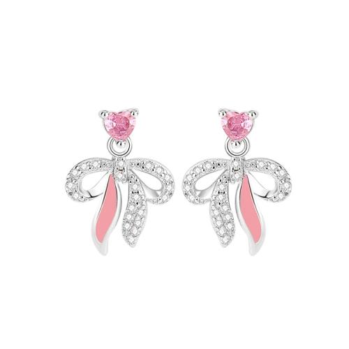 925 Sterling Silver Drop Earring Bowknot platinum plated micro pave cubic zirconia & for woman & hollow Sold By Pair