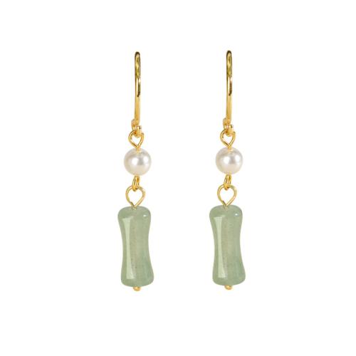 925 Sterling Silver Drop Earring, with Green Aventurine & Glass Pearl, gold color plated, fashion jewelry & for woman, 5x36.50mm, Sold By Pair