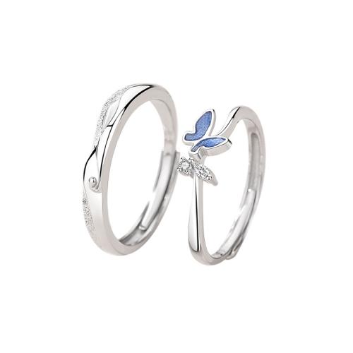 925 Sterling Silver Couple Ring Butterfly platinum plated adjustable & micro pave cubic zirconia & epoxy gel & for couple Sold By PC