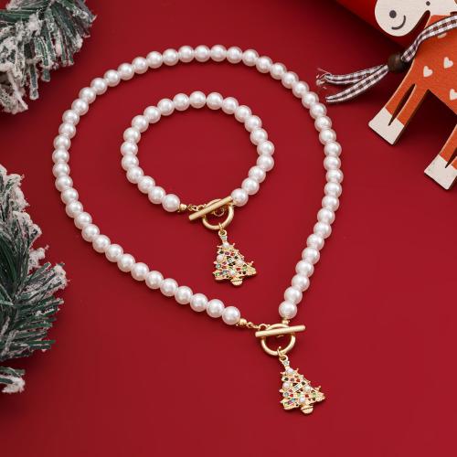 Tibetan Style Jewelry Sets, bracelet & necklace, with Plastic Pearl, 2 pieces & Christmas Design & fashion jewelry & different styles for choice & for woman, golden, Length:40 cm, 17 cm, Sold By Set