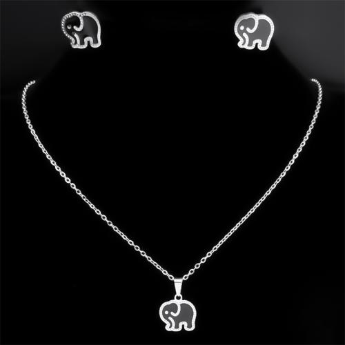 Enamel Stainless Steel Jewelry Set, Stud Earring & necklace, 304 Stainless Steel, Elephant, 2 pieces & Unisex & different styles for choice, silver color, Length:Approx 50 cm, Sold By Set