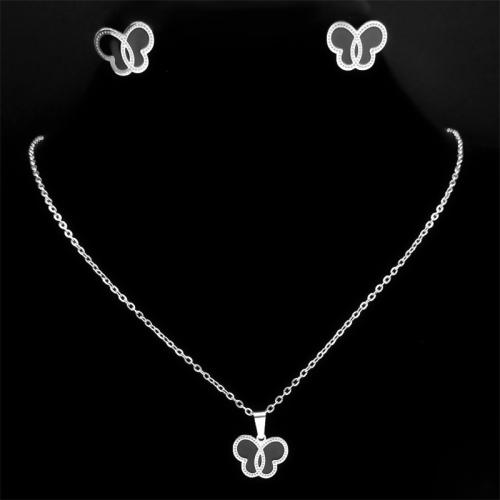 Enamel Stainless Steel Jewelry Set, Stud Earring & necklace, 304 Stainless Steel, 2 pieces & Unisex & different styles for choice, silver color, Length:Approx 50 cm, Sold By Set