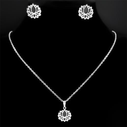 Enamel Stainless Steel Jewelry Set, Stud Earring & necklace, 304 Stainless Steel, 2 pieces & different styles for choice & for woman, silver color, Sold By Set