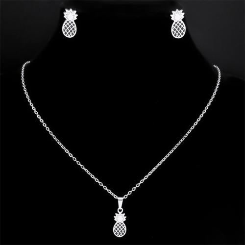 Enamel Stainless Steel Jewelry Set, Stud Earring & necklace, 304 Stainless Steel, Pineapple, 2 pieces & for woman, silver color, Length:Approx 50 cm, Sold By Set