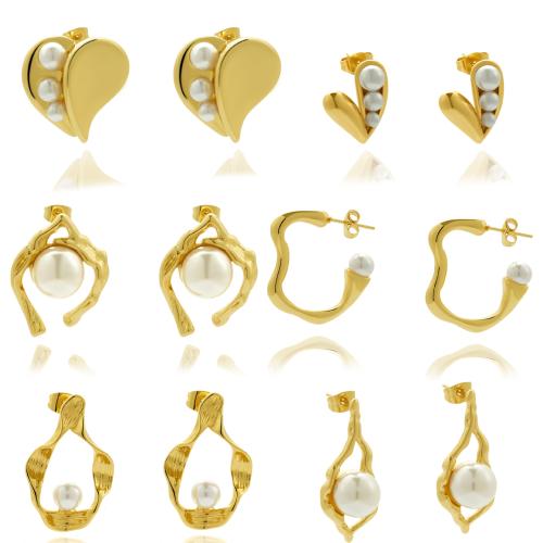 Stainless Steel Stud Earrings 304 Stainless Steel with Plastic Pearl fashion jewelry & for woman golden Sold By Pair