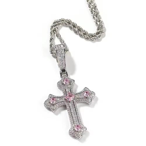 KubikZircon Mikro pflastern Messinghalsketten, Messing, Kreuz, plattiert, unisex & Micro pave Zirkonia, keine, frei von Nickel, Blei & Kadmium, 68x35mm, Länge:65 cm, verkauft von PC