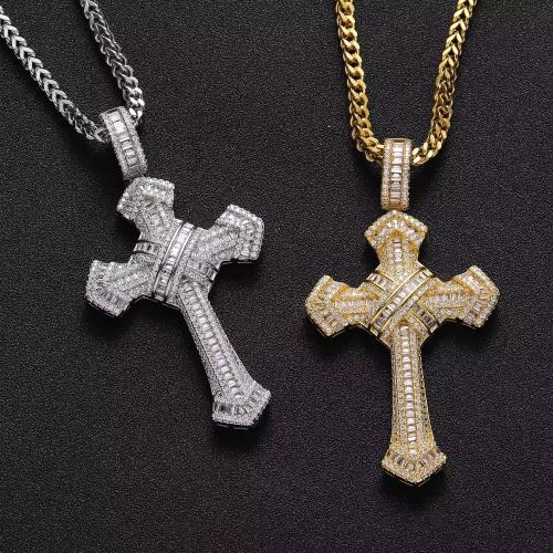 Cubic Zircon Micro Pave Brass Necklace, Cross, plated, Unisex & micro pave cubic zirconia, more colors for choice, nickel, lead & cadmium free, 74x40mm, Length:60 cm, Sold By PC