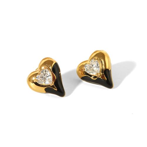 Pendiente de acero de titanio, Partículas de acero, Corazón, chapado en color dorado, Joyería & micro arcilla de zirconia cúbica & esmalte, dorado, 14.30x15.40mm, Vendido por Par