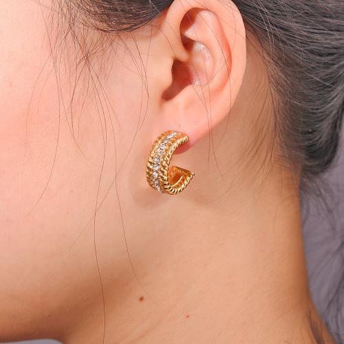 Stainless Steel Stud Earrings 304 Stainless Steel gold color plated fashion jewelry & with rhinestone golden Sold By Pair