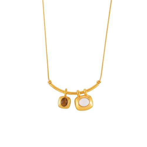 Collier d'acier titane, avec Magnésite & oeil de tigre, avec 5cm chaînes de rallonge, Plaqué or 18K, bijoux de mode & pour femme, Longueur:Environ 50 cm, Vendu par PC