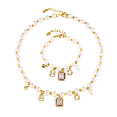 Parures de bijoux, Acier titane, avec Shell Pearl & zircon cubique, Plaqué or 18K, bijoux de mode & styles différents pour le choix & pour femme, Vendu par PC