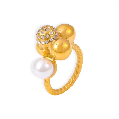 Titanium Steel Finger Ring with Plastic Pearl plated & for woman & with rhinestone Sold By PC