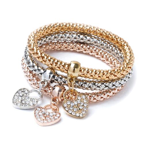 Pulsera de Aleación de Zinc, con Hilo elástico & fundición, tres piezas & diferentes estilos para la opción & para mujer & con diamantes de imitación, más colores para la opción, longitud:aproximado 16-32 cm, Vendido por Set