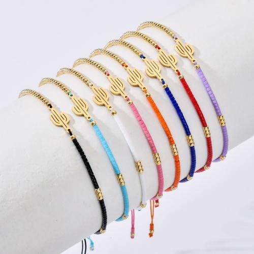 Glass Beads Bracelet, Seedbead, with Knot Cord & 304 Stainless Steel, Vacuum Ion Plating, Adjustable & for woman, more colors for choice, Length:14-28 cm, Sold By PC